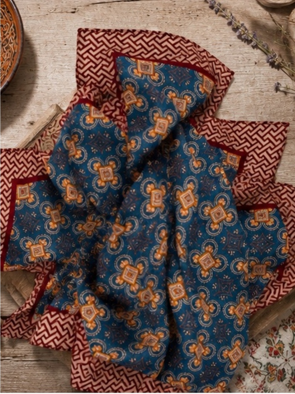 Designer Inspired Boho Medallion Print Square Scarf Blue Rust Ivory